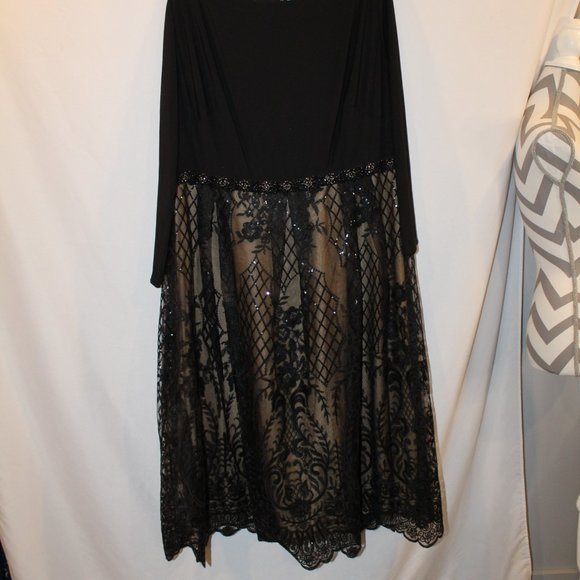 NEW MAC DUGGAL PLUS LONG SLEEVE JERSEY AND LACE BLACK NUDE COCKTAIL DRESS BLACK - Picture 6 of 7